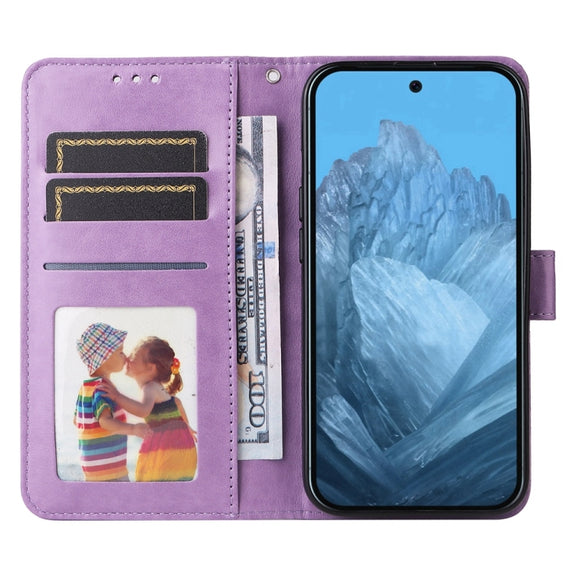 For Google Pixel 9 Embossed Sunflower Leather Phone Case(Purple)