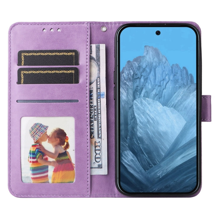 For Google Pixel 9 Embossed Sunflower Leather Phone Case(Purple)