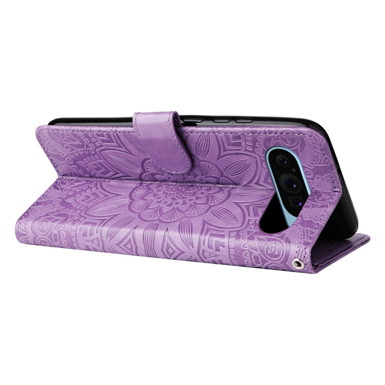For Google Pixel 9 Embossed Sunflower Leather Phone Case(Purple)