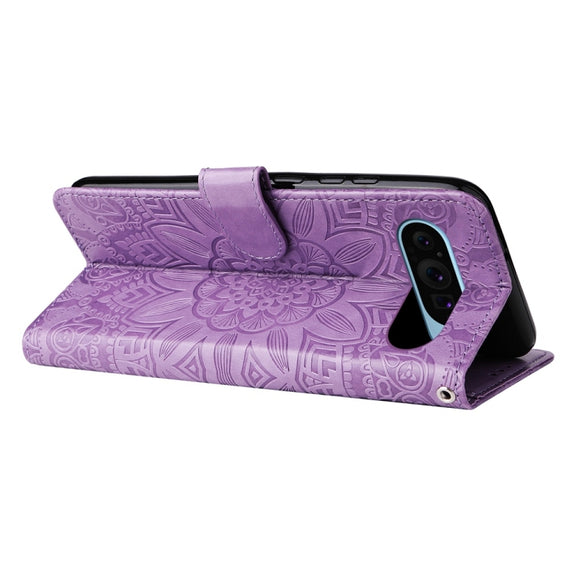 For Google Pixel 9 Embossed Sunflower Leather Phone Case(Purple)