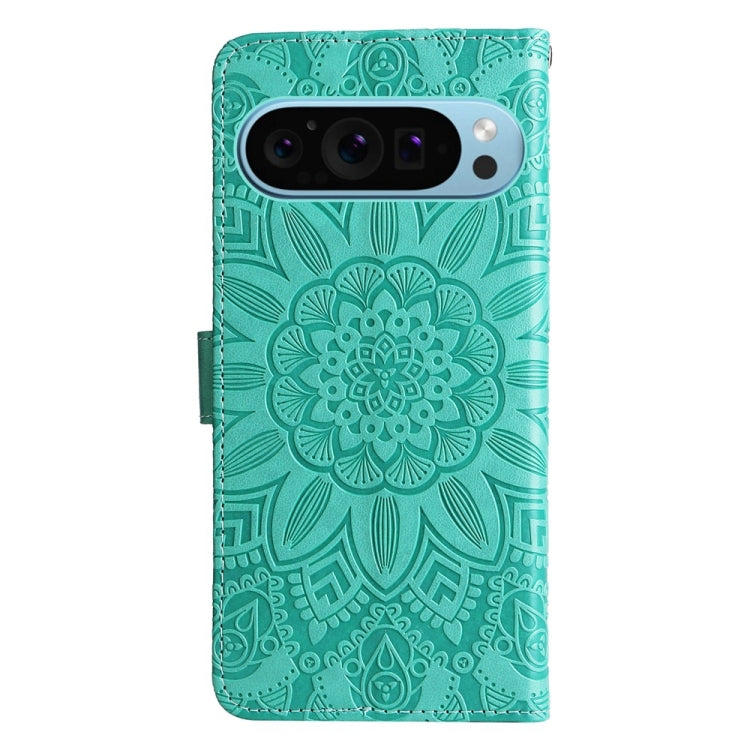 For Google Pixel 9 Embossed Sunflower Leather Phone Case(Green)