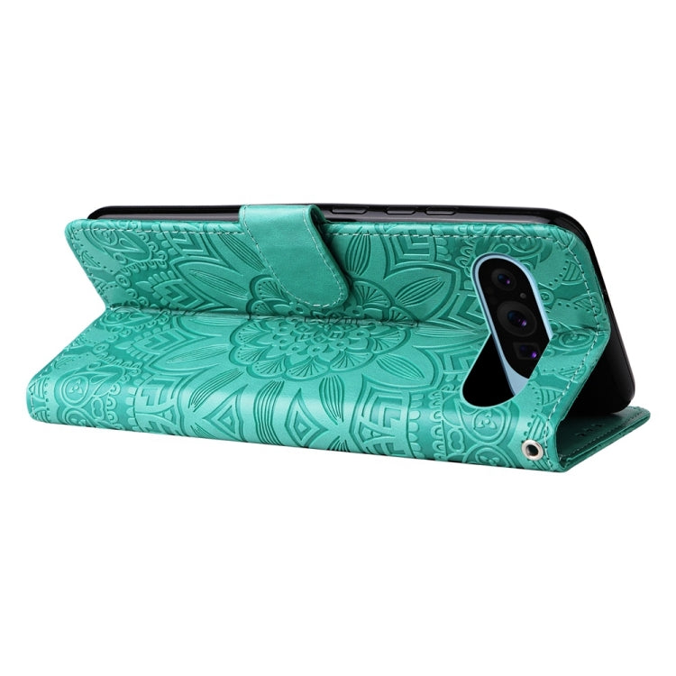 For Google Pixel 9 Embossed Sunflower Leather Phone Case(Green)
