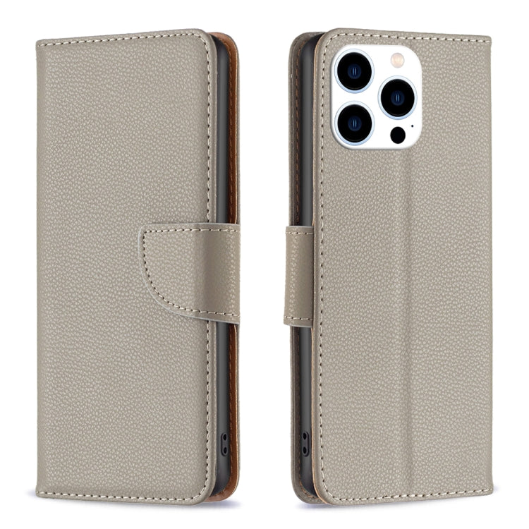For iPhone 16 Pro Max Litchi Texture Pure Color Flip Leather Phone Case(Grey)
