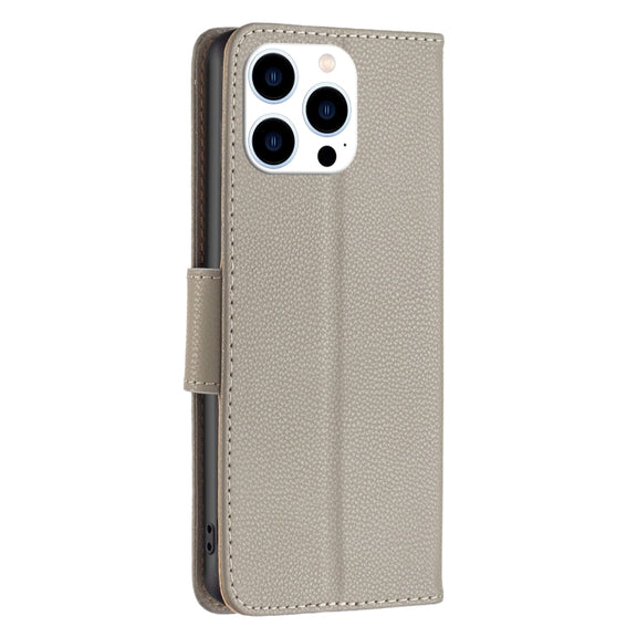 For iPhone 16 Pro Max Litchi Texture Pure Color Flip Leather Phone Case(Grey)