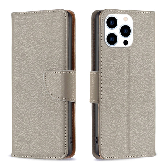 For iPhone 16 Pro Max Litchi Texture Pure Color Flip Leather Phone Case(Grey)