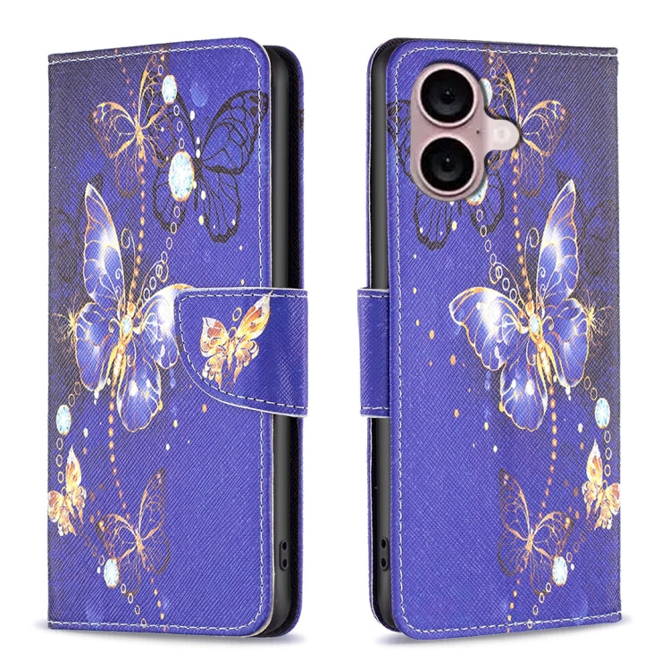 For iPhone 16 Colored Drawing Pattern Flip Leather Phone Case(Purple Butterfly)