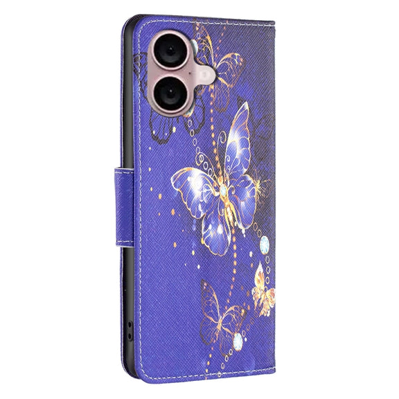For iPhone 16 Colored Drawing Pattern Flip Leather Phone Case(Purple Butterfly)