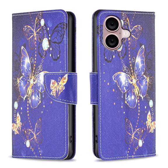 For iPhone 16 Colored Drawing Pattern Flip Leather Phone Case(Purple Butterfly)