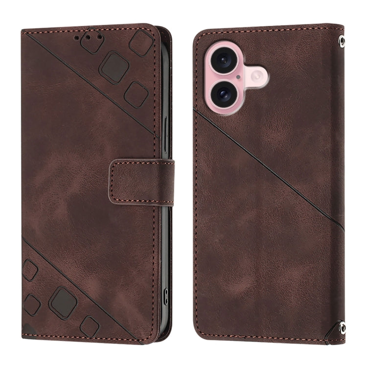 For iPhone 16 Skin-feel Embossed Leather Phone Case(Brown)