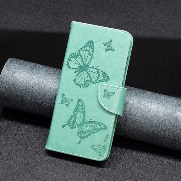 For iPhone 16 Pro Max Embossing Two Butterflies Pattern Leather Phone Case(Green)