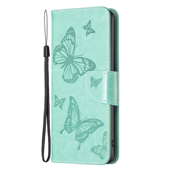 For iPhone 16 Pro Max Embossing Two Butterflies Pattern Leather Phone Case(Green)