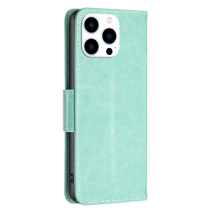 For iPhone 16 Pro Max Embossing Two Butterflies Pattern Leather Phone Case(Green)