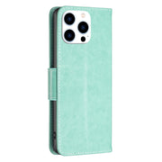For iPhone 16 Pro Max Embossing Two Butterflies Pattern Leather Phone Case(Green)