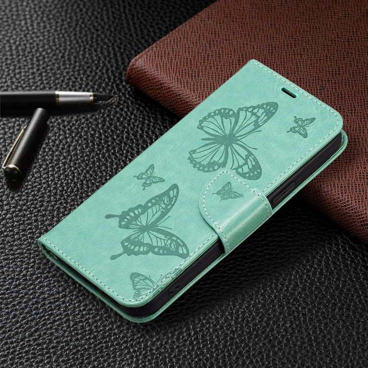For iPhone 16 Embossing Two Butterflies Pattern Leather Phone Case(Green)