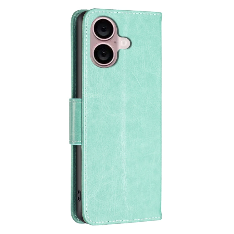 For iPhone 16 Embossing Two Butterflies Pattern Leather Phone Case(Green)