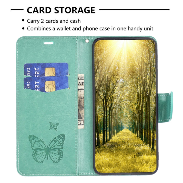 For iPhone 16 Embossing Two Butterflies Pattern Leather Phone Case(Green)