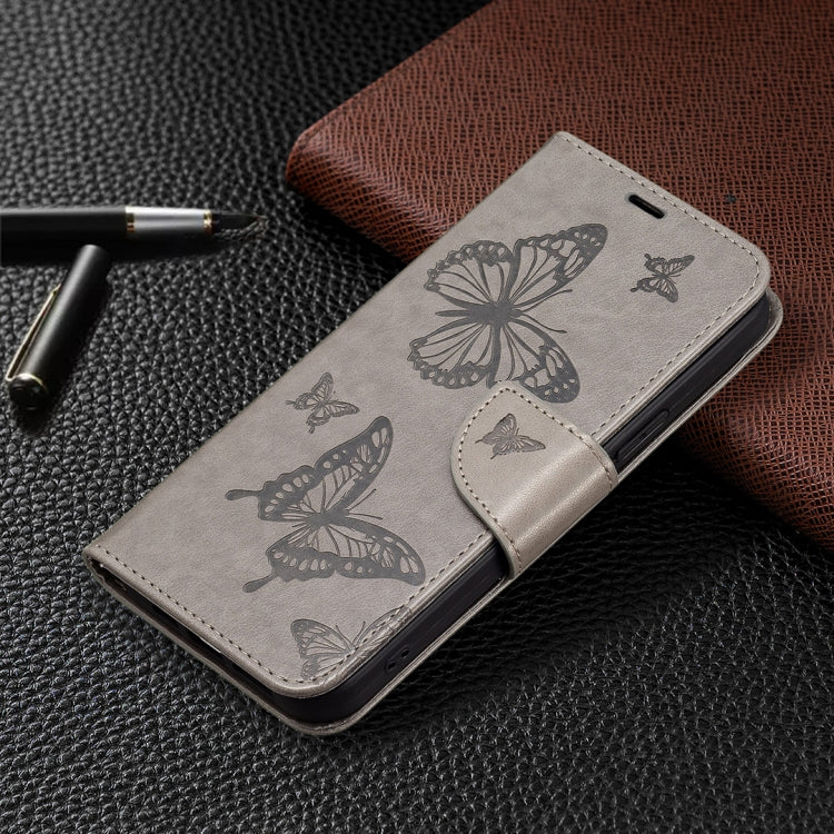 For iPhone 16 Embossing Two Butterflies Pattern Leather Phone Case(Grey)