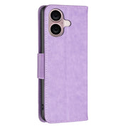 For iPhone 16 Plus Embossing Two Butterflies Pattern Leather Phone Case(Purple)