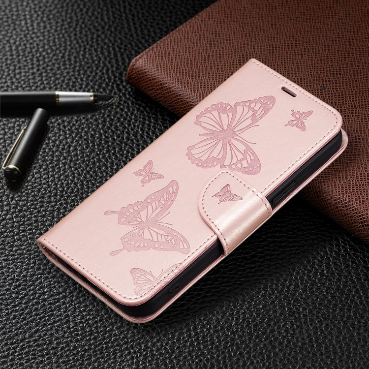 For iPhone 16 Plus Embossing Two Butterflies Pattern Leather Phone Case(Rose Gold)