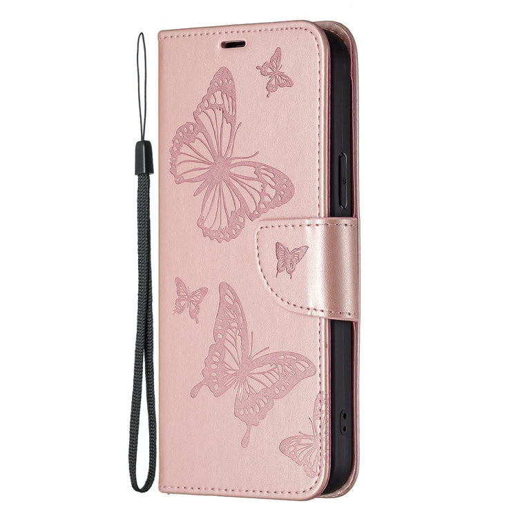 For iPhone 16 Plus Embossing Two Butterflies Pattern Leather Phone Case(Rose Gold)