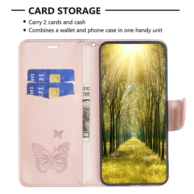 For iPhone 16 Plus Embossing Two Butterflies Pattern Leather Phone Case(Rose Gold)