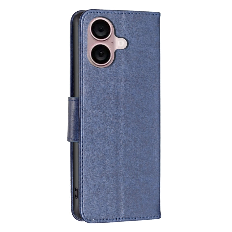 For iPhone 16 Plus Embossing Two Butterflies Pattern Leather Phone Case(Blue)