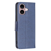 For iPhone 16 Plus Embossing Two Butterflies Pattern Leather Phone Case(Blue)