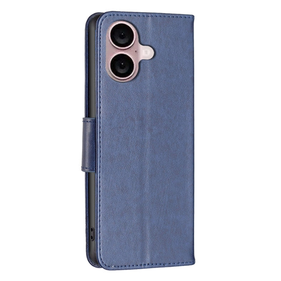 For iPhone 16 Plus Embossing Two Butterflies Pattern Leather Phone Case(Blue)