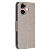 For iPhone 16 Plus Embossing Two Butterflies Pattern Leather Phone Case(Grey)