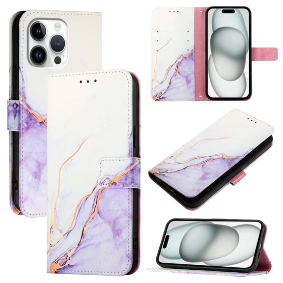 For iPhone 16 Pro Max PT003 Marble Pattern Flip Leather Phone Case(White Purple)