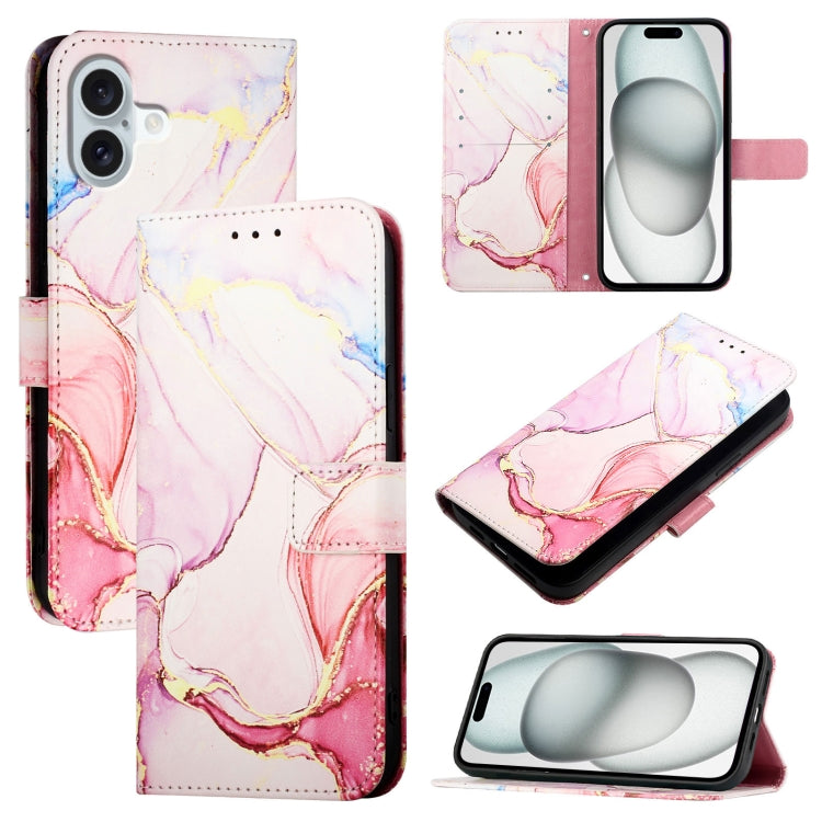 For iPhone 16 Plus PT003 Marble Pattern Flip Leather Phone Case(Rose Gold)