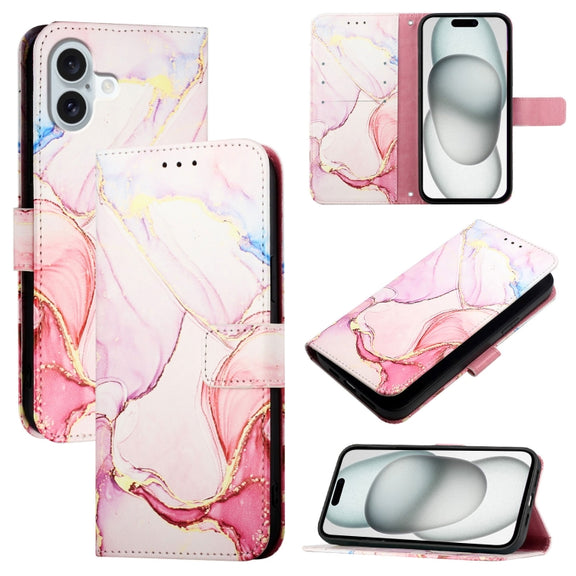 For iPhone 16 Plus PT003 Marble Pattern Flip Leather Phone Case(Rose Gold)