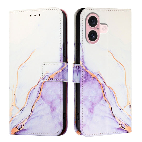 For iPhone 16 PT003 Marble Pattern Flip Leather Phone Case(White Purple LS006)