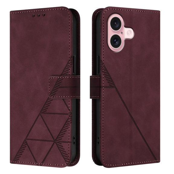 For iPhone 16 Crossbody 3D Embossed Flip Leather Phone Case(Wine Red)
