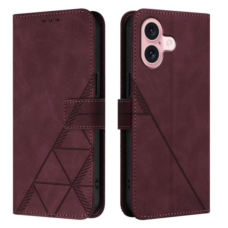 For iPhone 16 Crossbody 3D Embossed Flip Leather Phone Case(Wine Red)