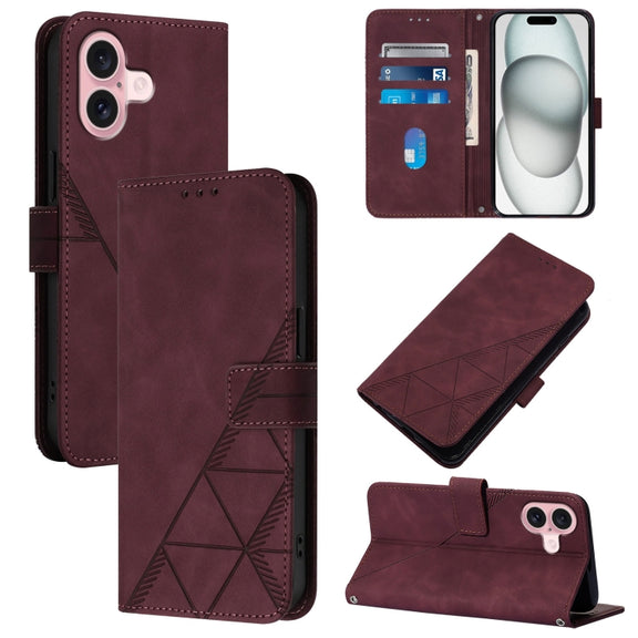 For iPhone 16 Crossbody 3D Embossed Flip Leather Phone Case(Wine Red)