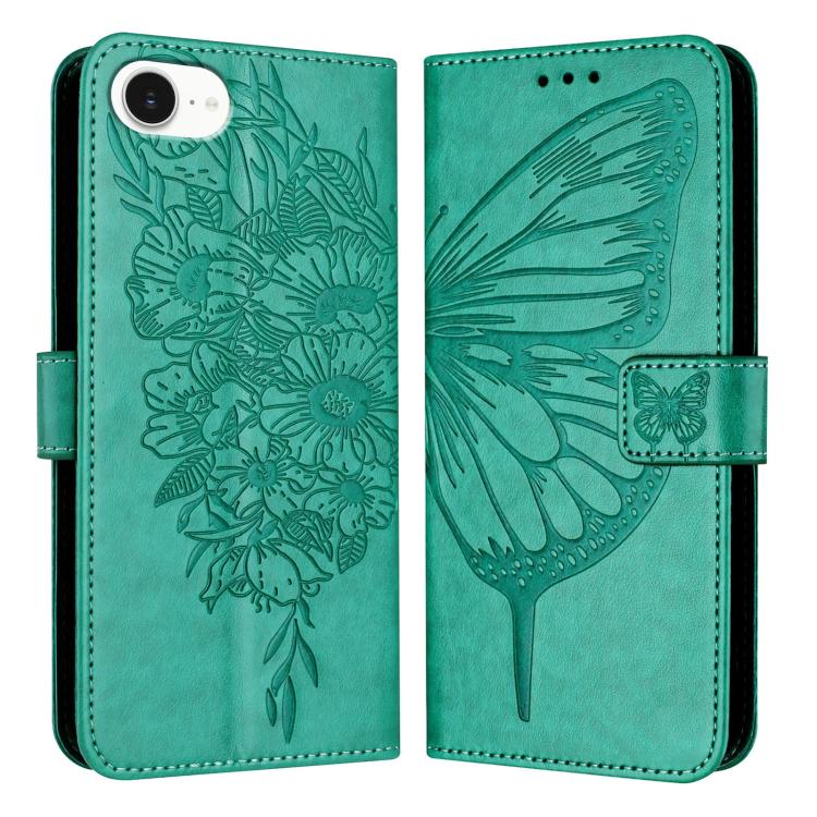 For iPhone 16e Embossed Butterfly Leather Phone Case(Green)