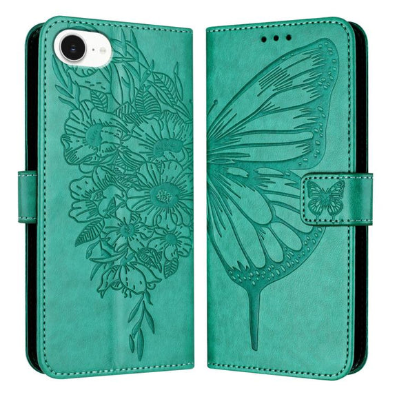 For iPhone 16e Embossed Butterfly Leather Phone Case(Green)