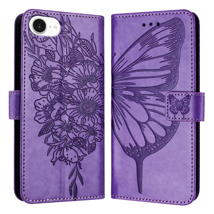 For iPhone 16e Embossed Butterfly Leather Phone Case(Light Purple)