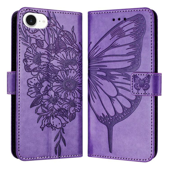 For iPhone 16e Embossed Butterfly Leather Phone Case(Light Purple)