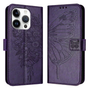 For iPhone 16 Pro Embossed Butterfly Leather Phone Case(Dark Purple)