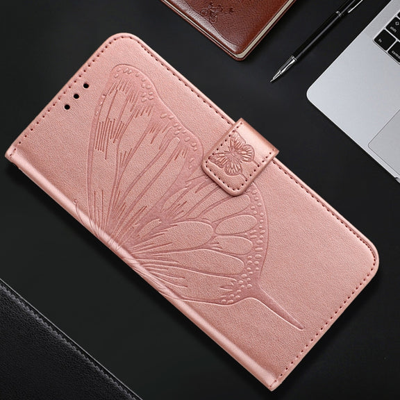 For iPhone 16 Pro Embossed Butterfly Leather Phone Case(Rose Gold)