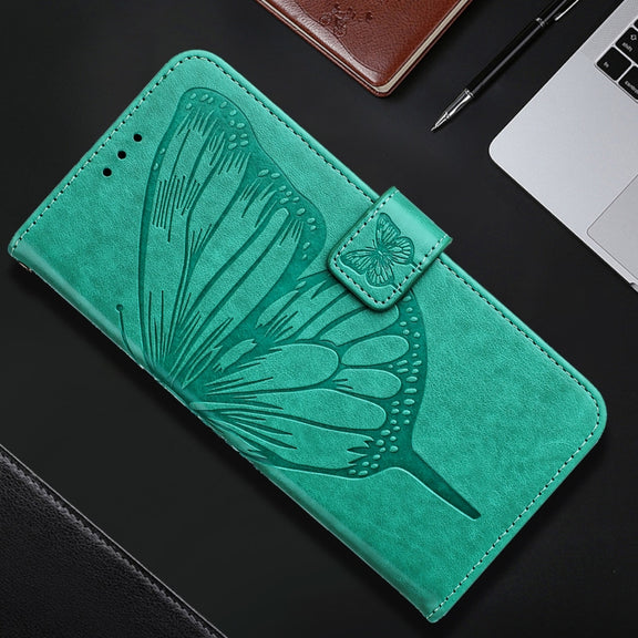 For iPhone 16 Plus Embossed Butterfly Leather Phone Case(Green)
