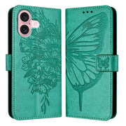 For iPhone 16 Embossed Butterfly Leather Phone Case(Green)