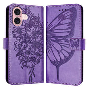 For iPhone 16 Embossed Butterfly Leather Phone Case(Light Purple)