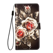 For iPhone 16e Colored Drawing Pattern Plain Weave Leather Phone Case(Roses On Black)