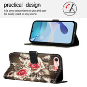 For iPhone 16e Colored Drawing Pattern Plain Weave Leather Phone Case(Roses On Black)