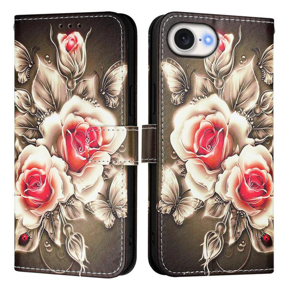 For iPhone 16e Colored Drawing Pattern Plain Weave Leather Phone Case(Roses On Black)
