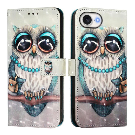 For iPhone 16e 3D Painting Horizontal Flip Leather Phone Case(Grey Owl)
