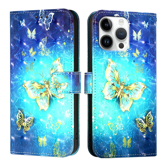 For iPhone 16 Pro Max 3D Painting Horizontal Flip Leather Phone Case(Golden Butterfly)